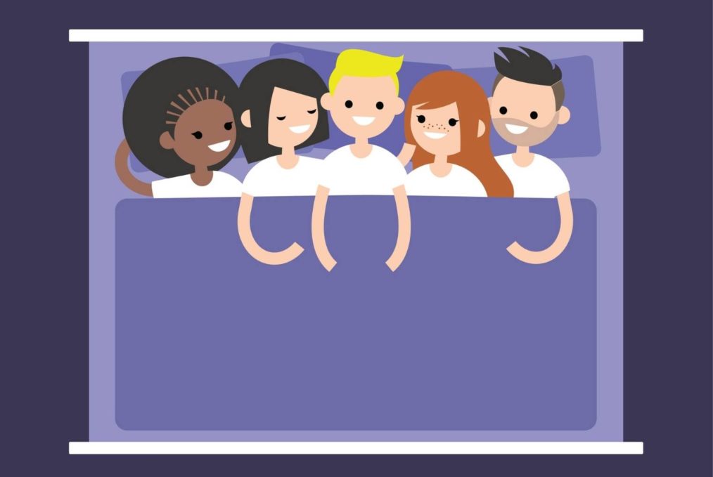 Five people in a bed. Polyamory, swinging, non-monogamy.
